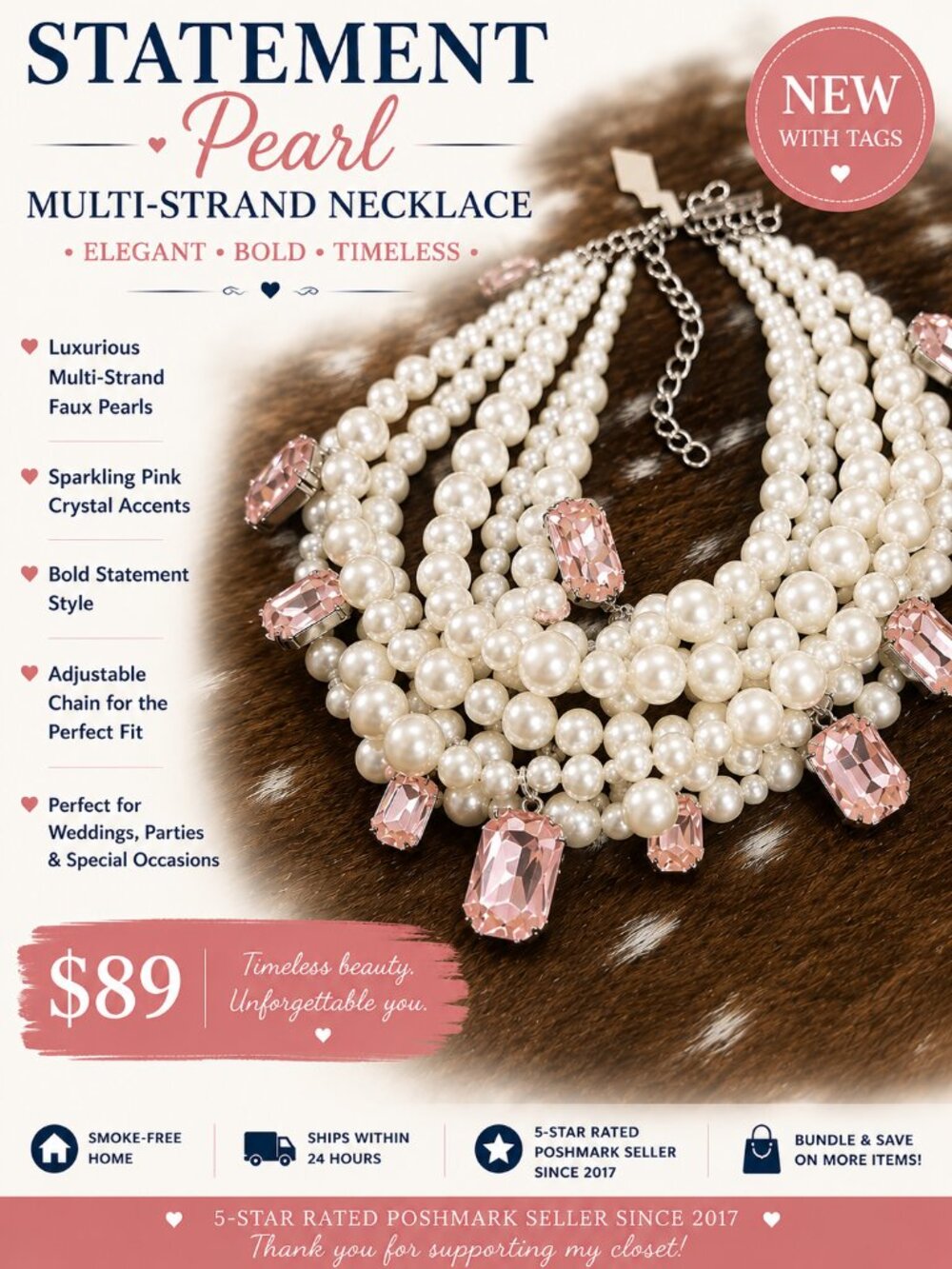 5 Strand Off White Pearl Statement Necklace Pink Crystal Accents NWT